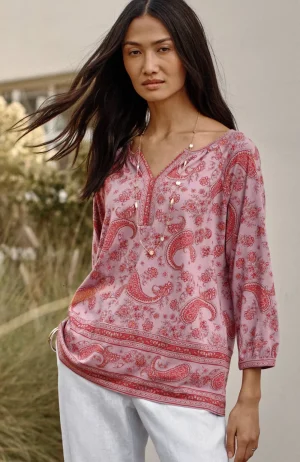 J.Jill Pure Jill Split-Neck Border-Printed Top Moonlit Mauve Charming Paisley Discount