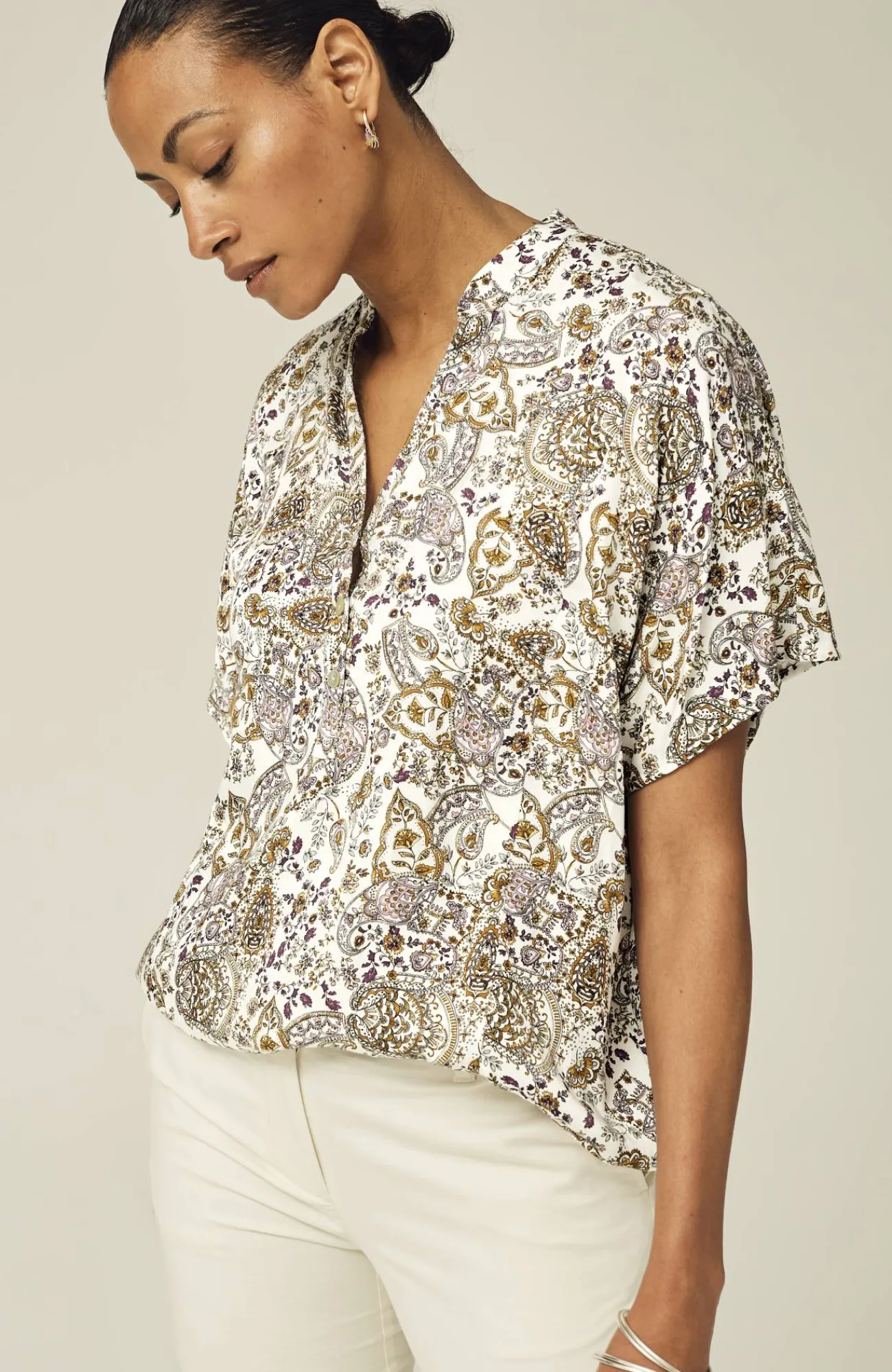 J.Jill Relaxed Printed Satin Top Porcelain Paisley Lace Discount