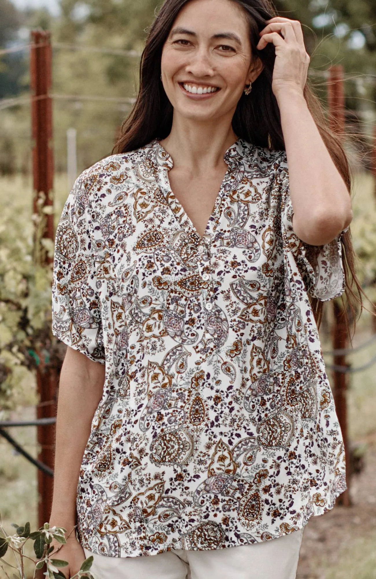 J.Jill Relaxed Printed Satin Top Porcelain Paisley Lace Discount