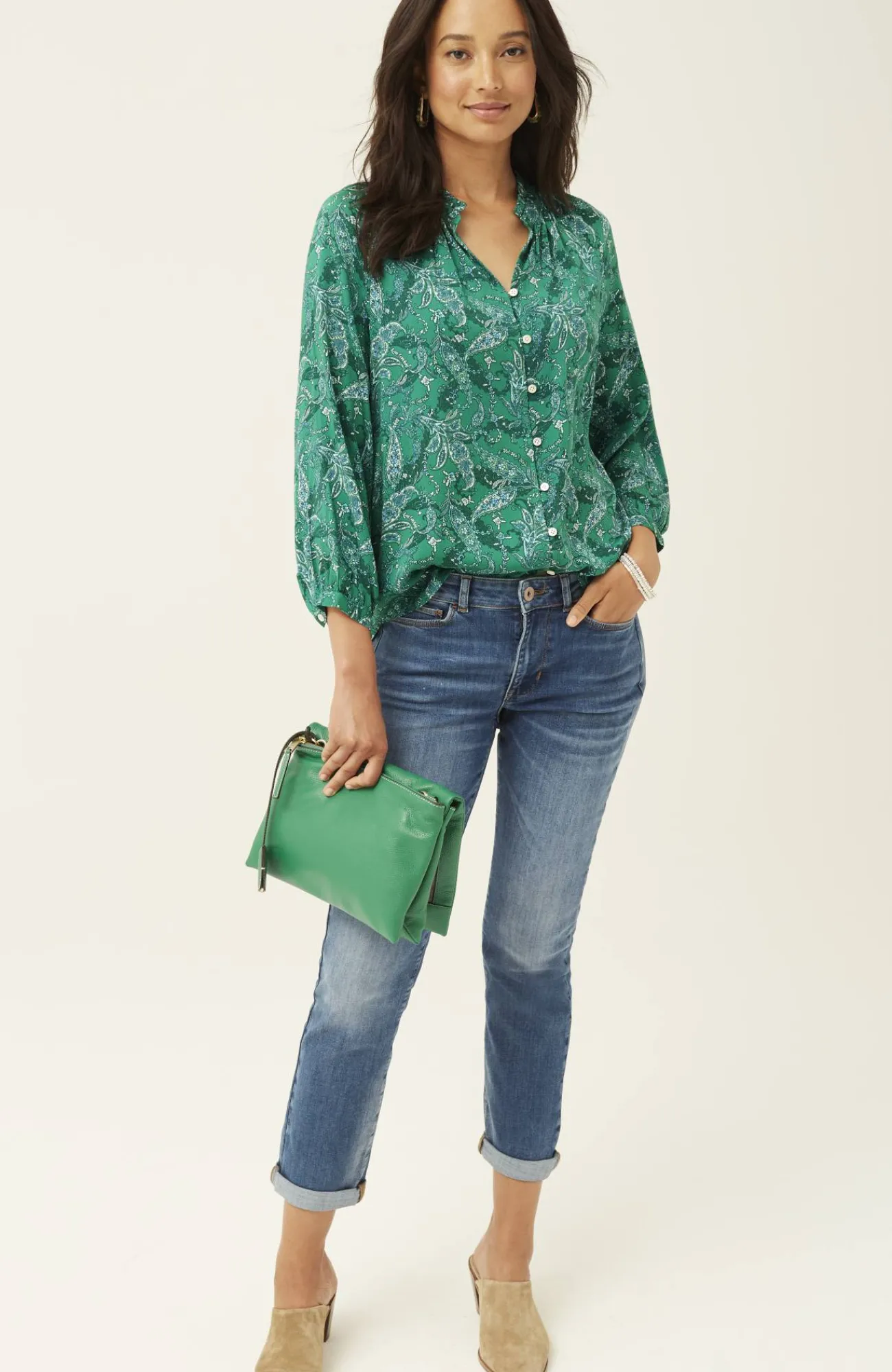 J.Jill Ruffled Satin Top Verdant Green Stunning Paisley Best