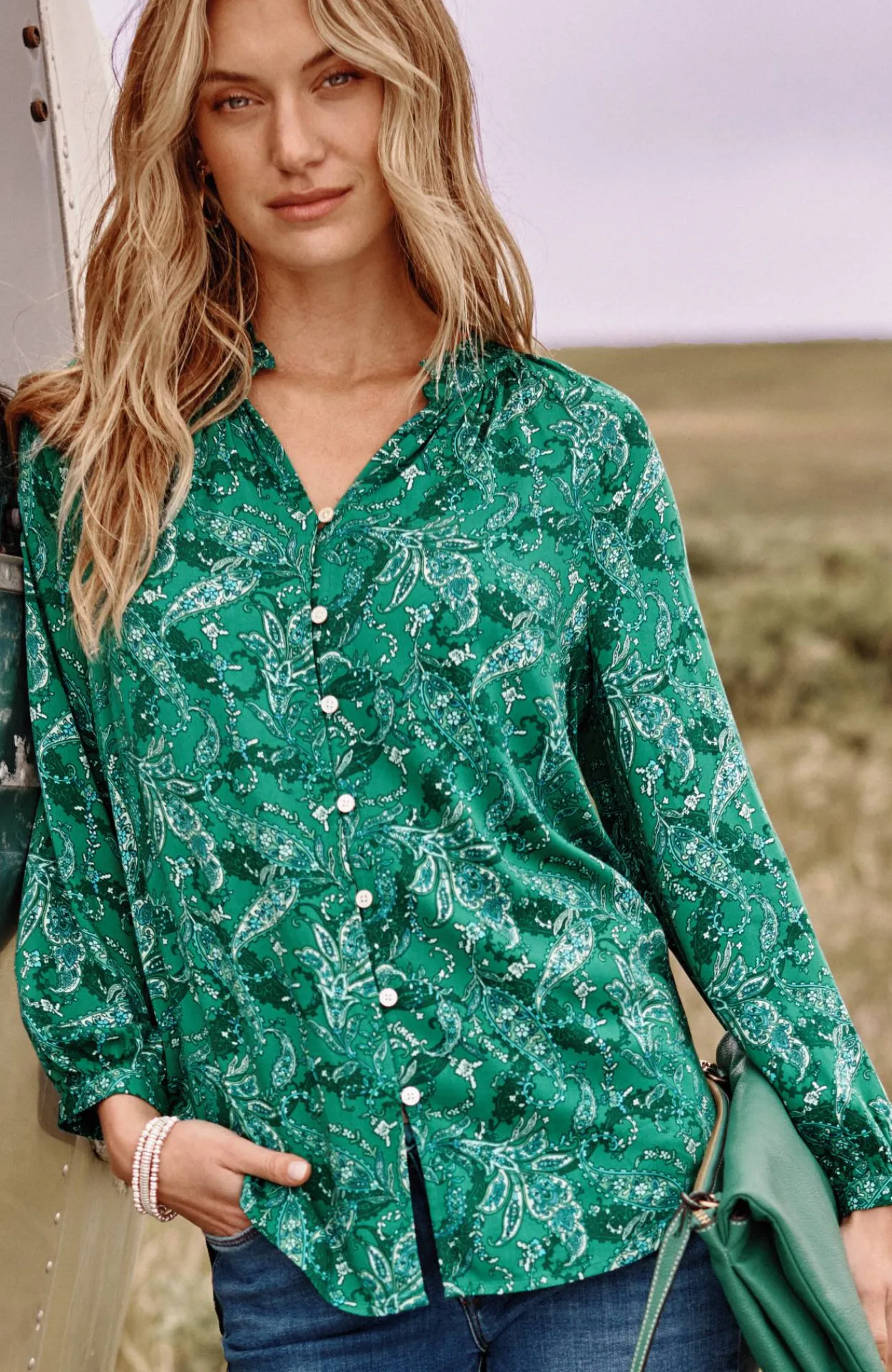 J.Jill Ruffled Satin Top Verdant Green Stunning Paisley Best