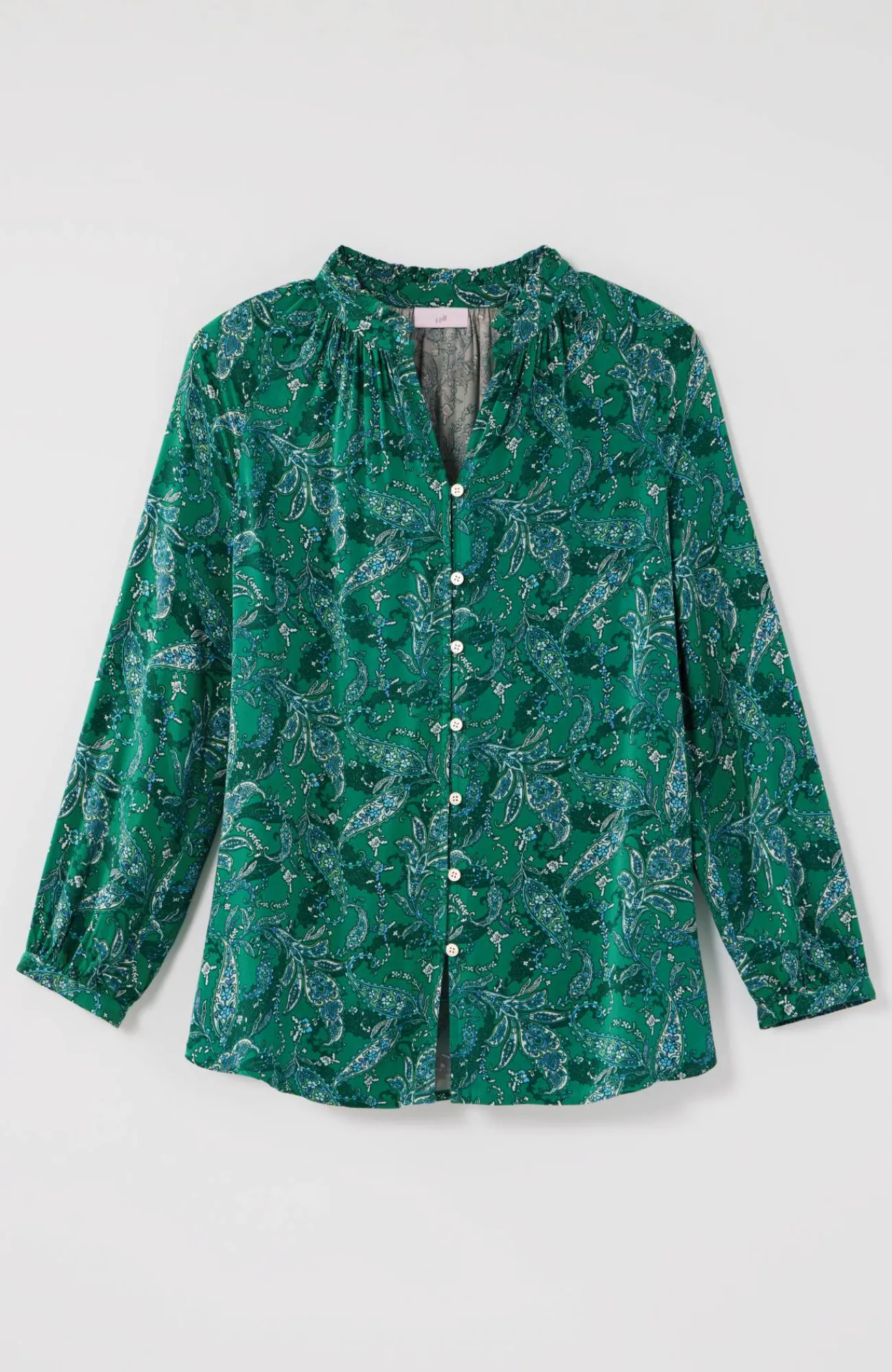 J.Jill Ruffled Satin Top Verdant Green Stunning Paisley Best