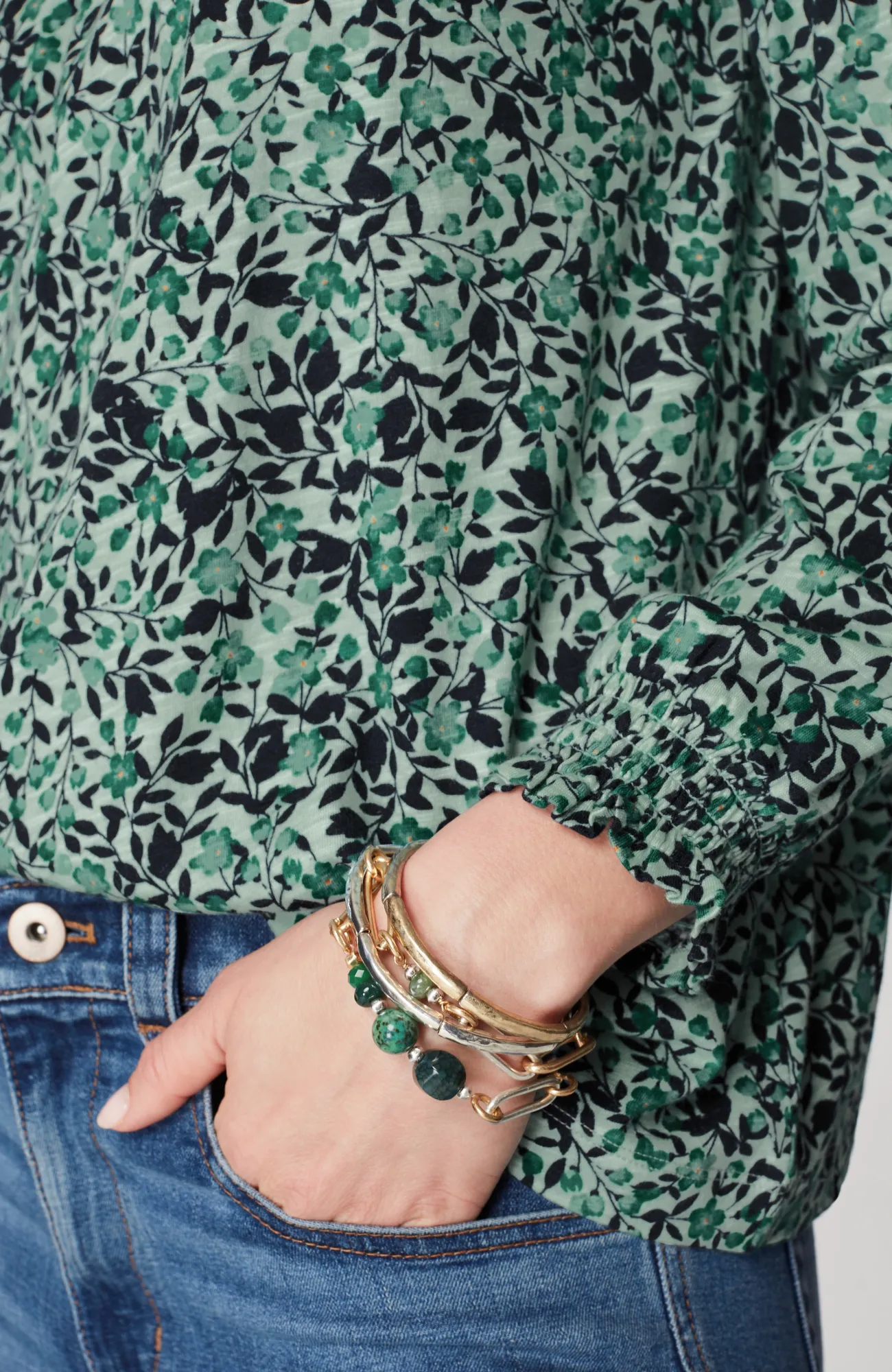 J.Jill Smocked Floral Top Sweet Agave Clustered Flowers Outlet