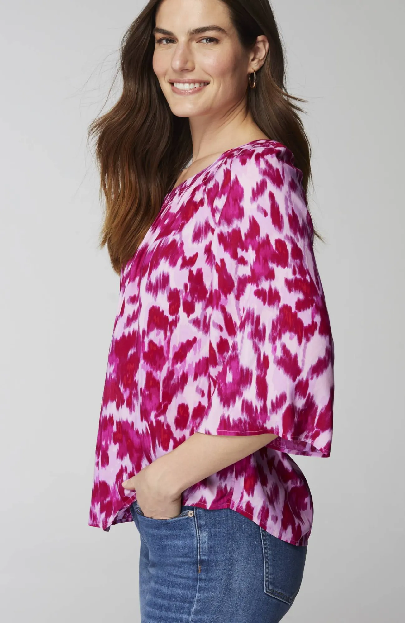 J.Jill Smocked Scoop-Neck Top Peony Watercolor Ikat New