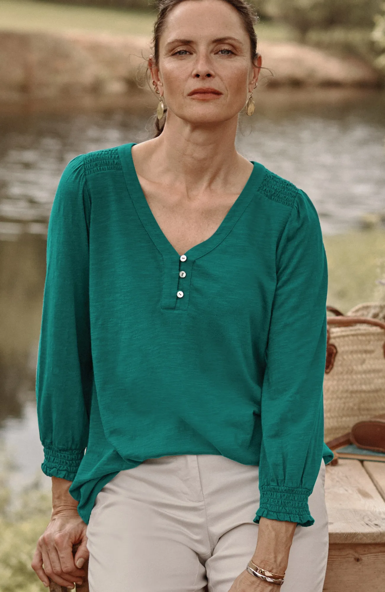 J.Jill Smocked-Sleeve Henley Top Sale