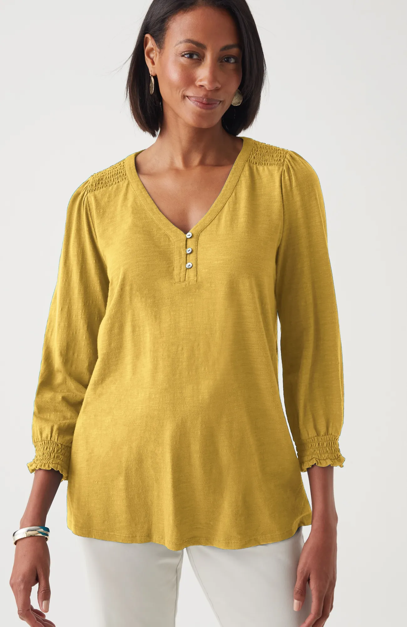 J.Jill Smocked-Sleeve Henley Top Sale