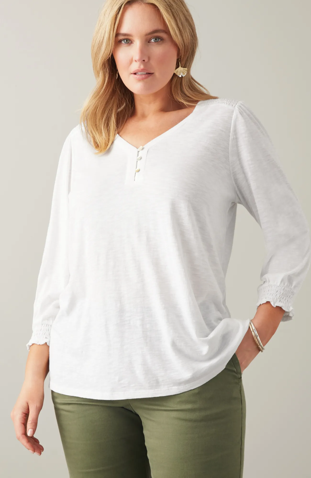 J.Jill Smocked-Sleeve Henley Top Sale