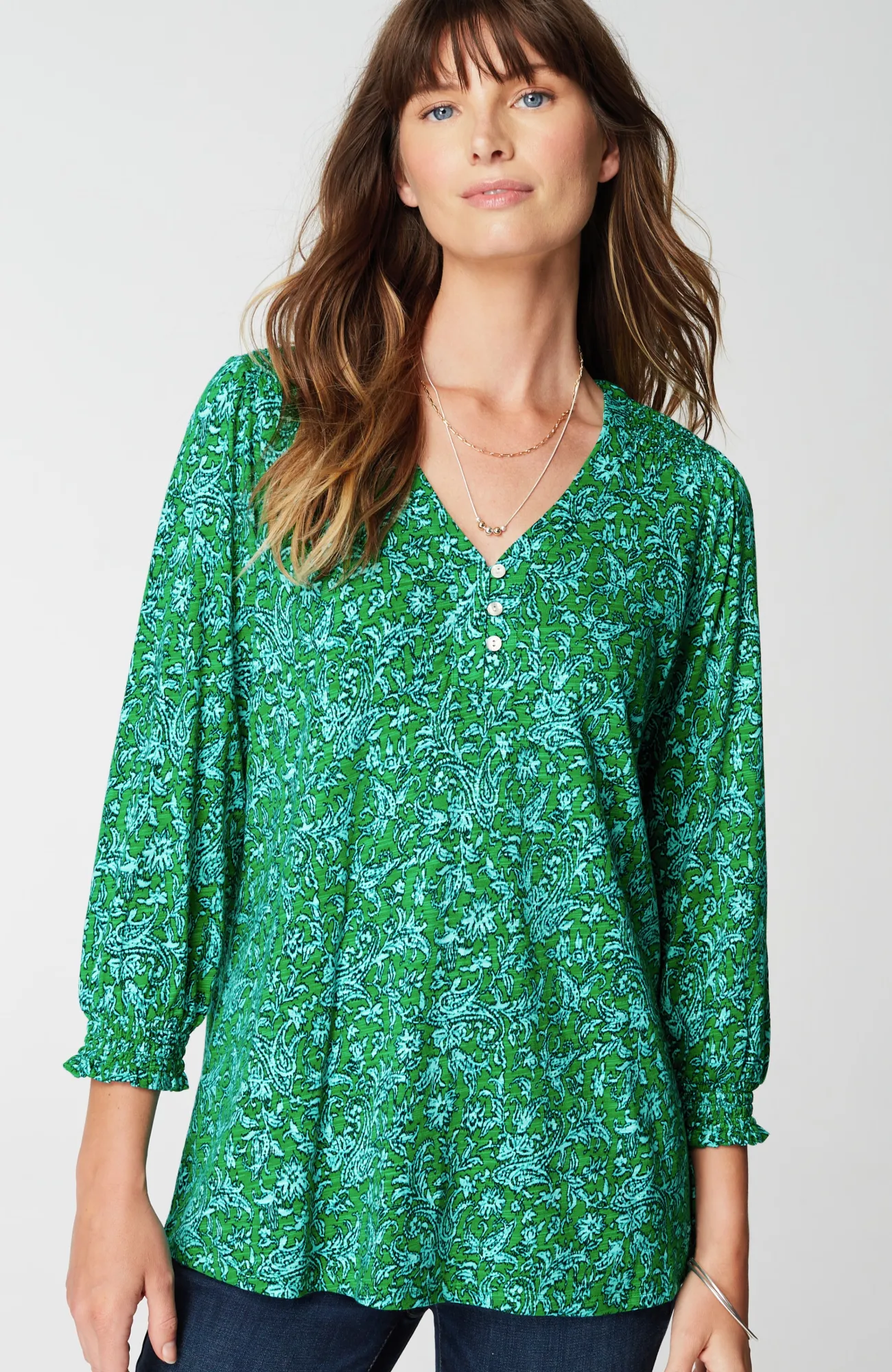J.Jill Smocked-Sleeve Henley Top Sale