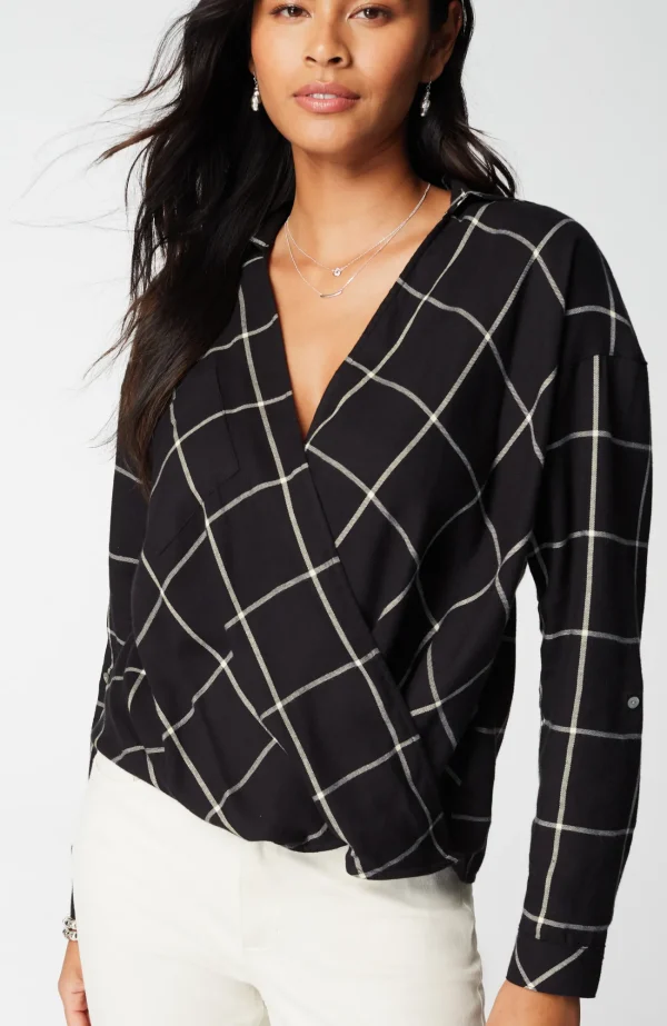 J.Jill Soft-Brushed Plaid Twist-Front Shirt Black/cream Best Sale