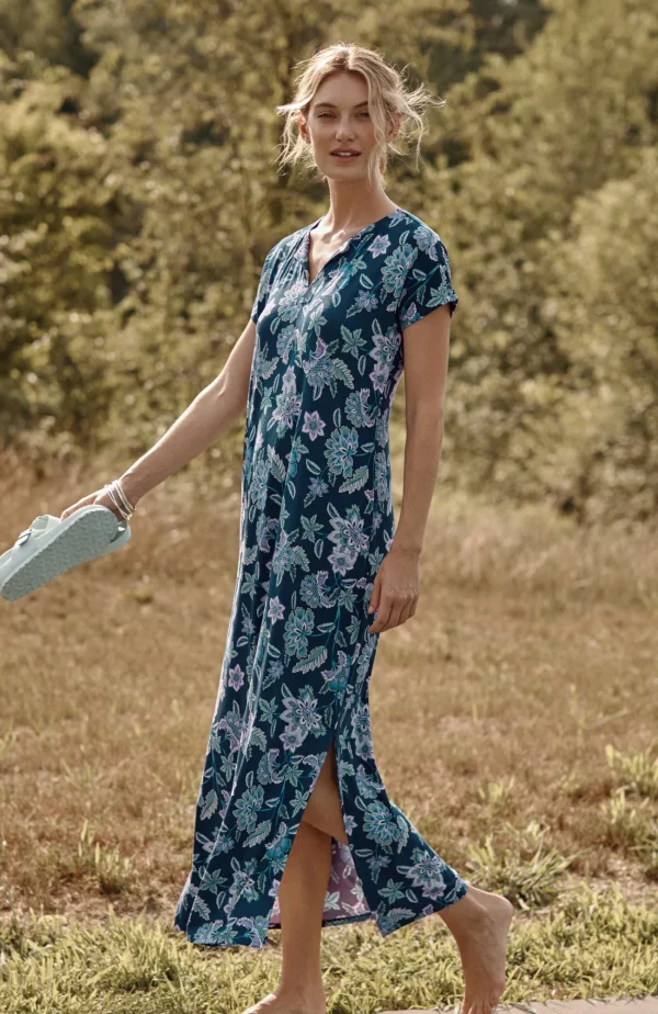 J.Jill Split-Neck Maxi Dress Dark Ocean Retro Jacobean Best Sale