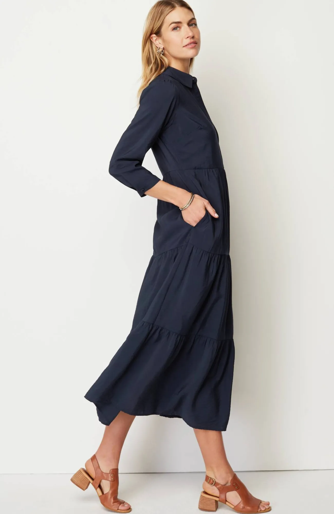 J.Jill Tiered Maxi Shirtdress Navy Blue Discount