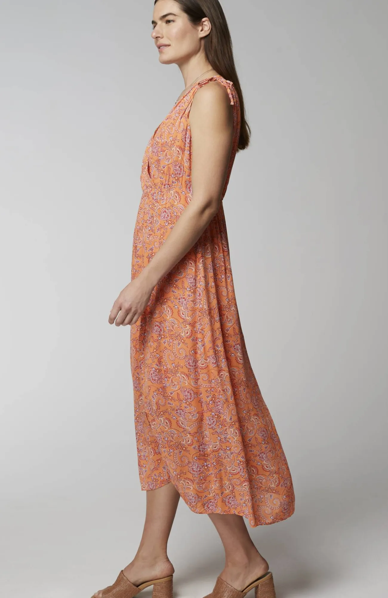 J.Jill Tie-Shoulder Faux-Wrap Dress Dark Apricot Ornamental Paisley Fashion