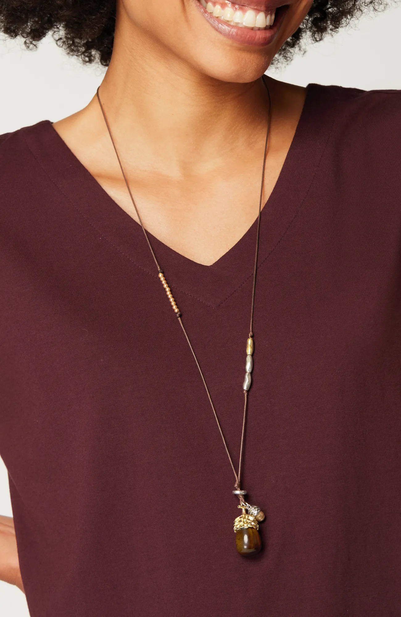 J.Jill Tiger's-Eye Acorn Pendant Neutral Multi Flash Sale