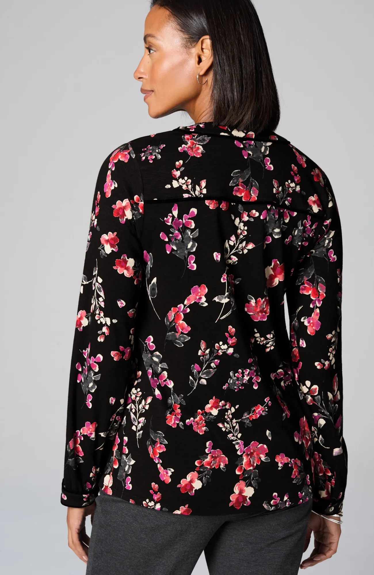 J.Jill Velvet-Piped Top Black Glistening Blooms Clearance