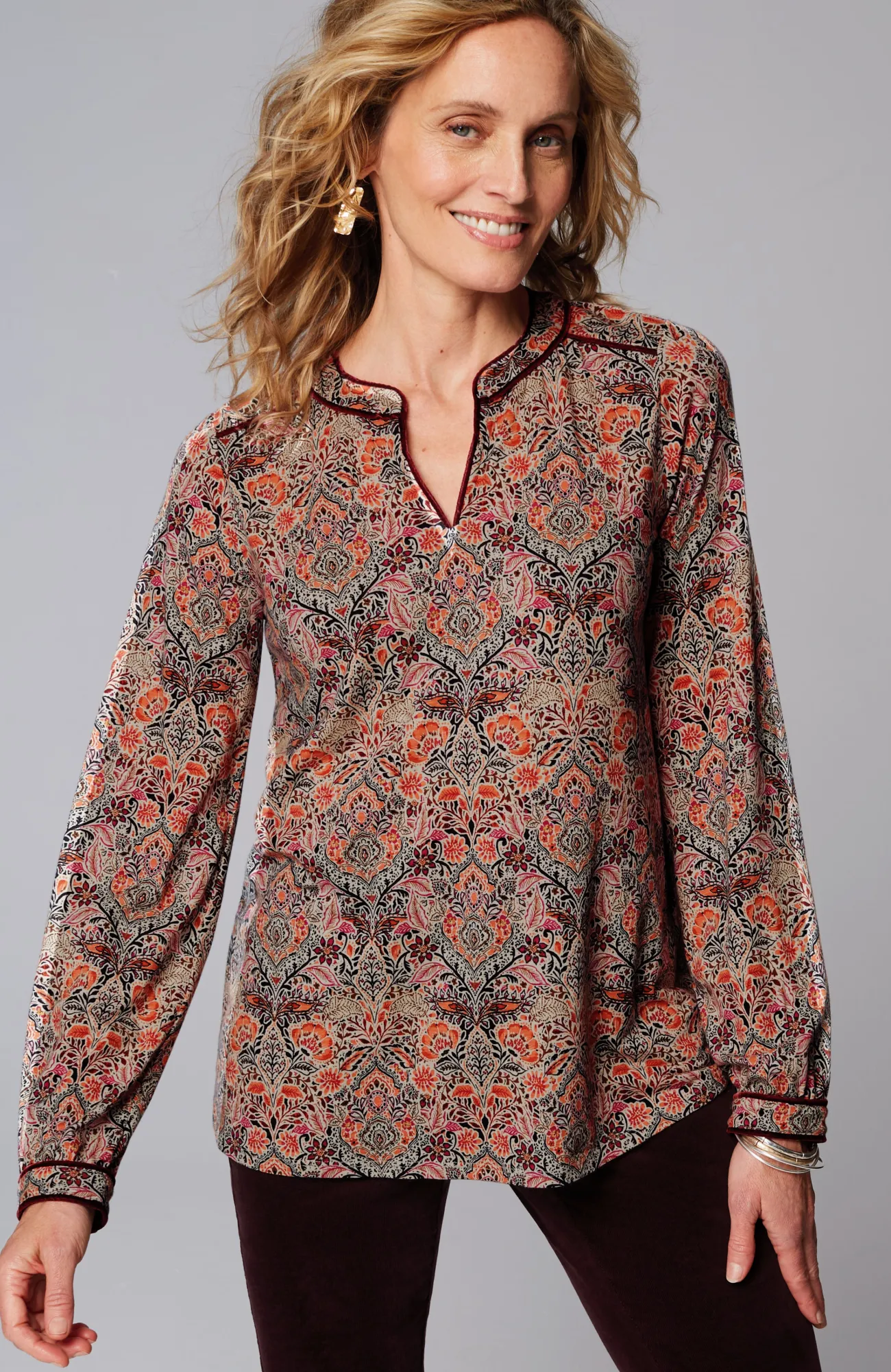 J.Jill Velvet-Piped Top Black Glistening Blooms Clearance