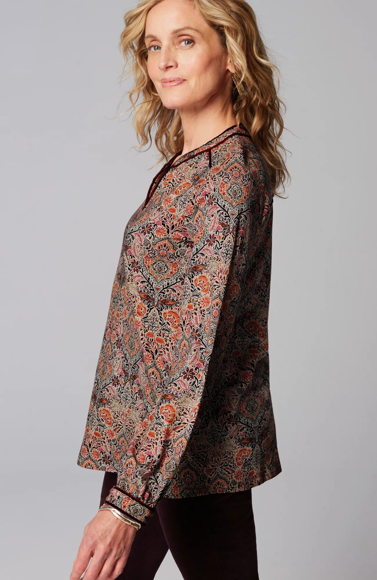J.Jill Velvet-Piped Top Black Glistening Blooms Clearance
