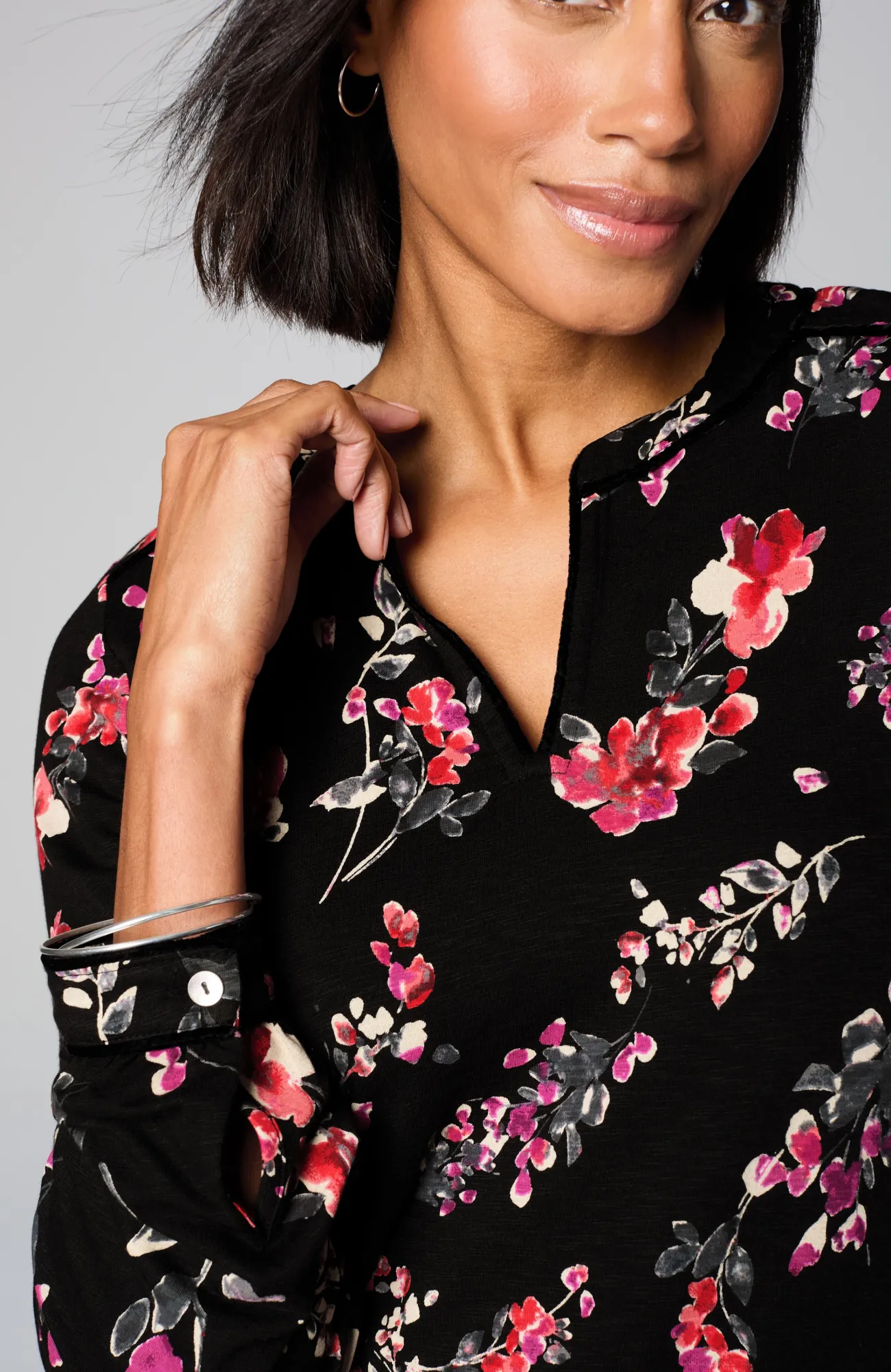 J.Jill Velvet-Piped Top Black Glistening Blooms Clearance
