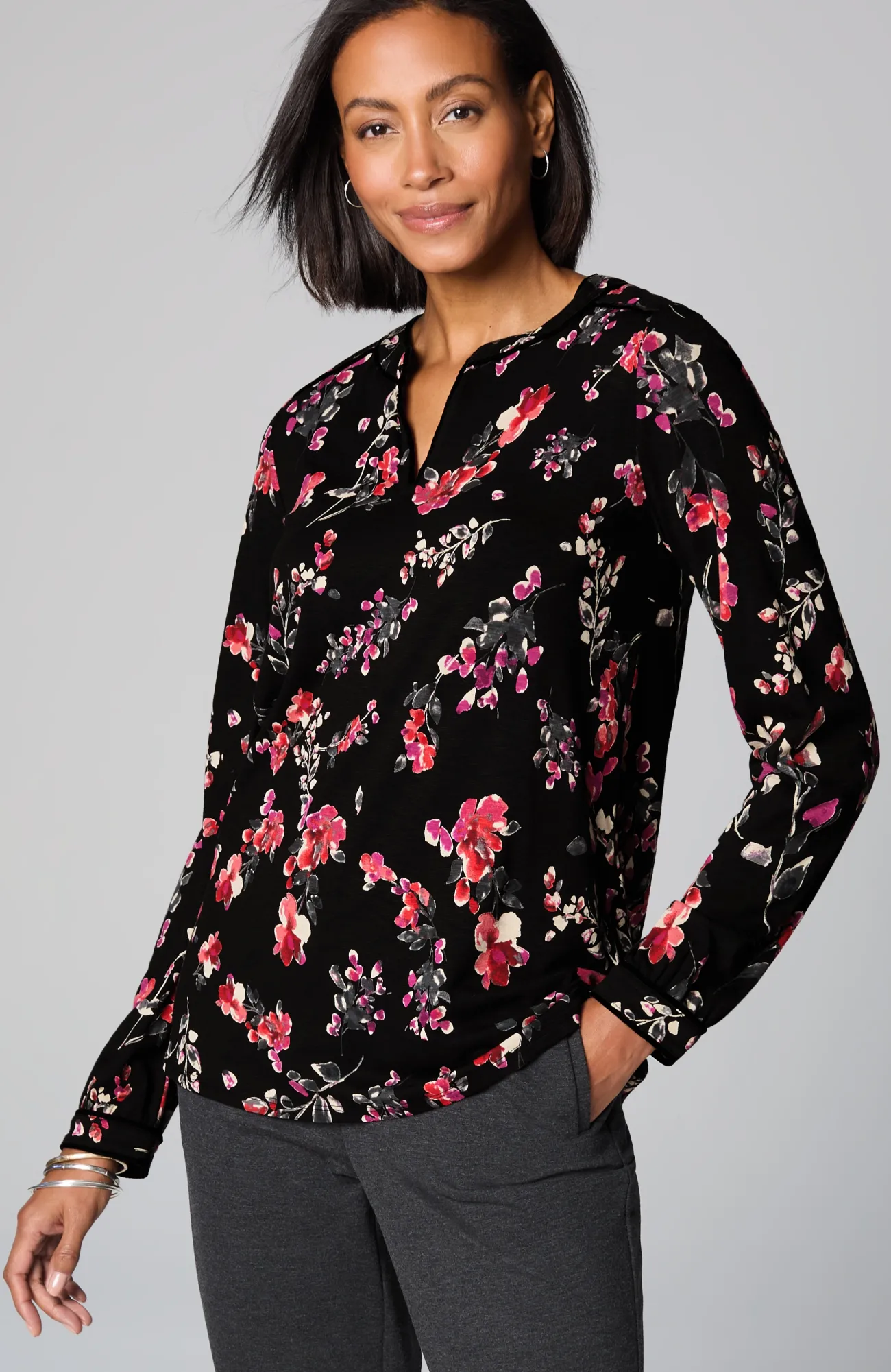 J.Jill Velvet-Piped Top Black Glistening Blooms Clearance