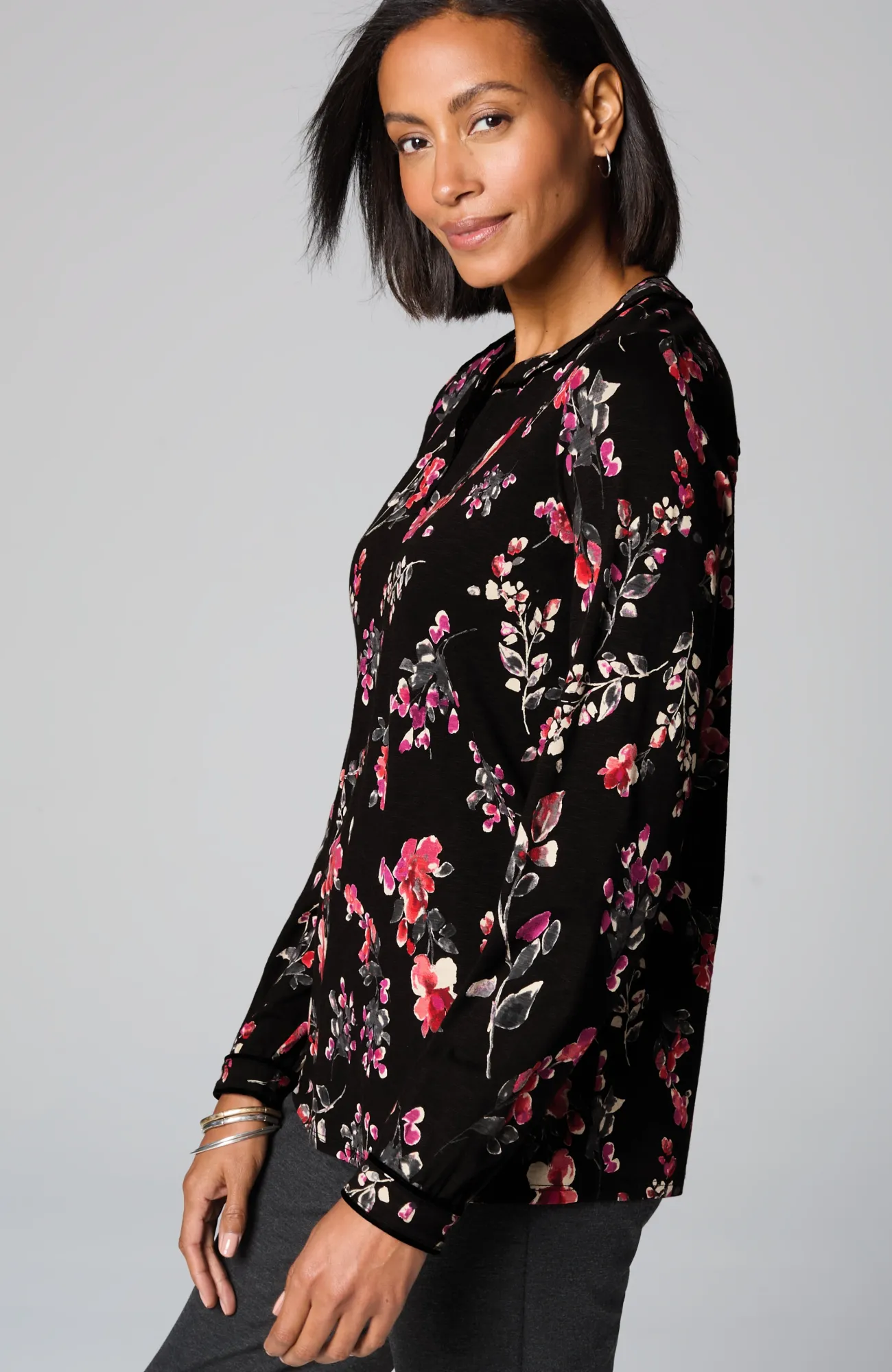 J.Jill Velvet-Piped Top Black Glistening Blooms Clearance