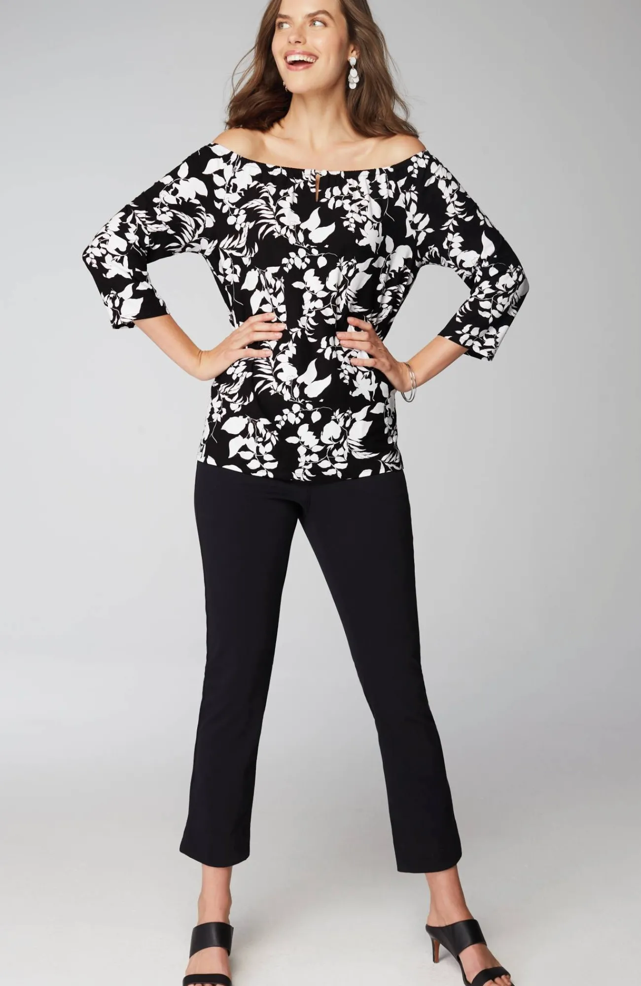 J.Jill Wearever Convertible-Shoulder Keyhole Top Black Silhouette Vines Cheap