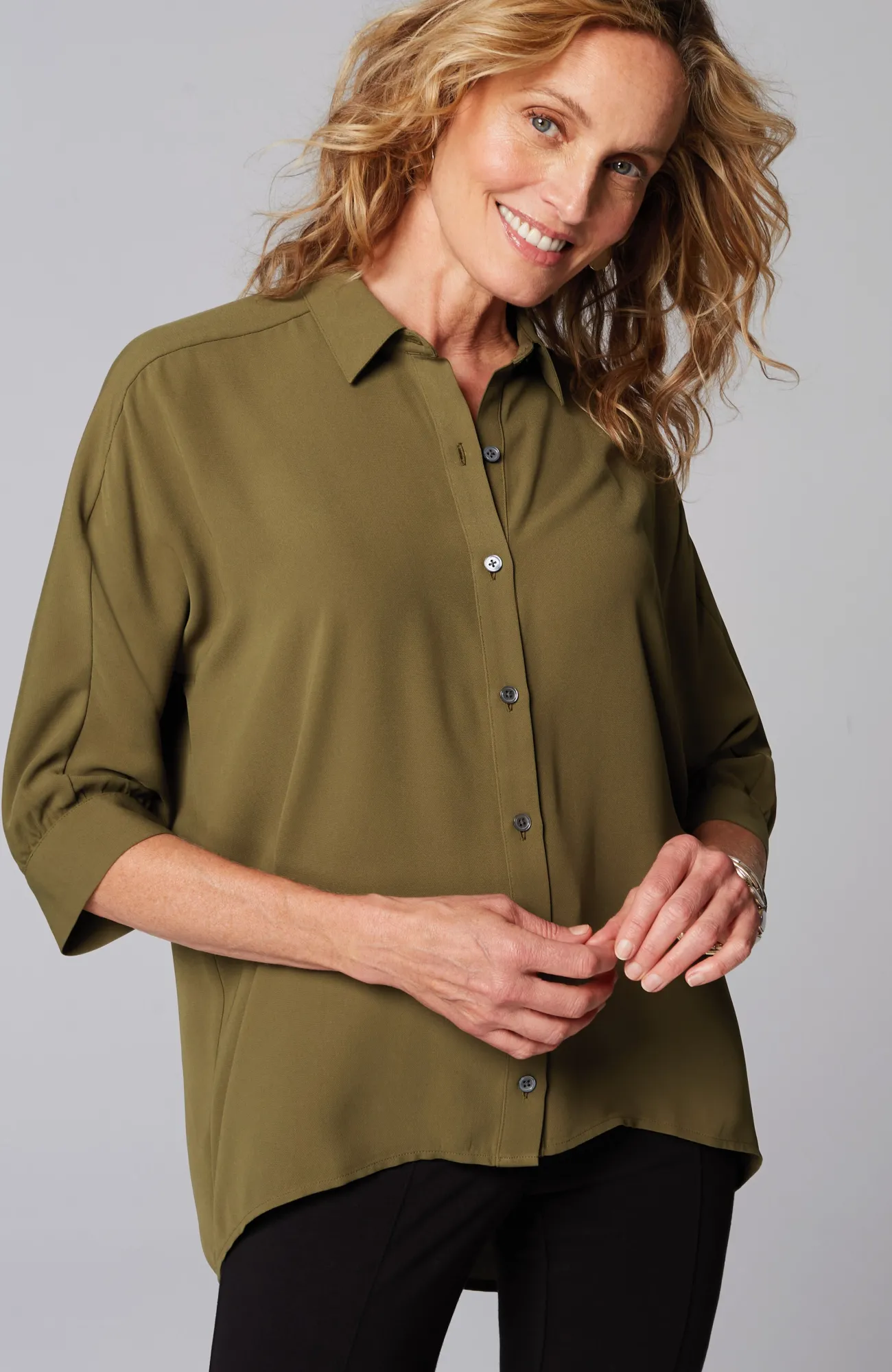 J.Jill Wearever Easy-Care High-Low Button-Down Spanish Olive Flash Sale