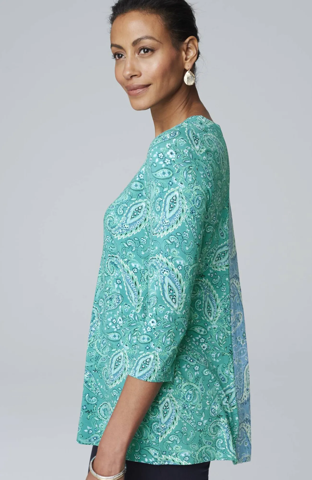 J.Jill Wearever Mixed-Print Button-Back Top Teal Green Paisley Flourish Mix New