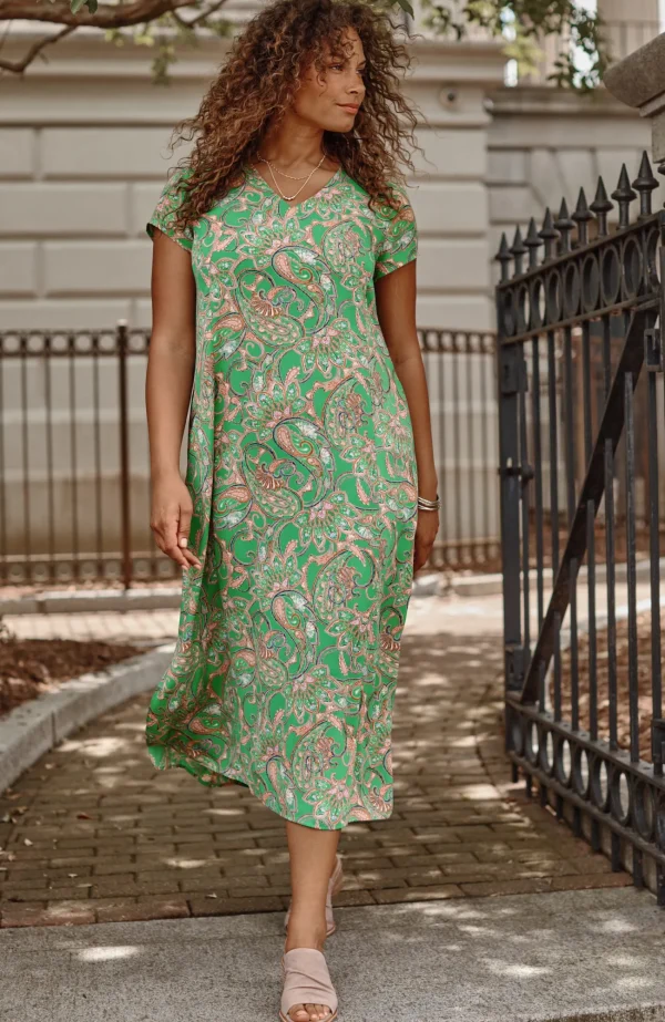 J.Jill Wearever Princess-Seamed Dress Leaf Green Jacobean Fresco Clearance